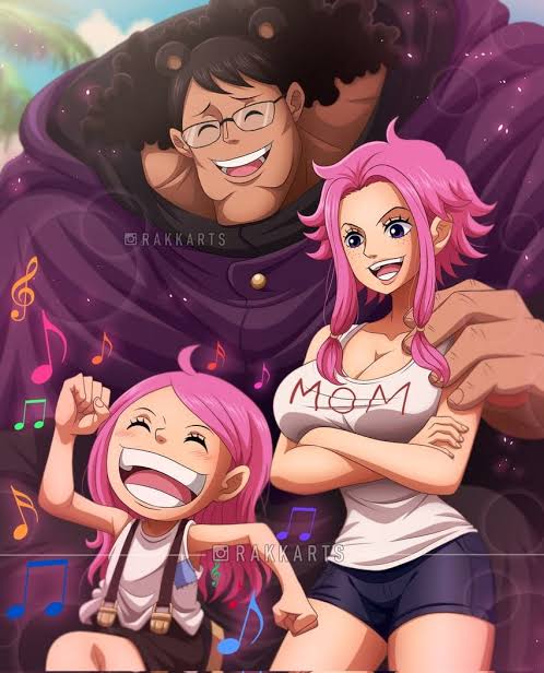 1boy artist_name bartholomew_kuma bear_ears father_and_daughter ginny_(one_piece) glasses happy instagram_username jewelry_bonney long_hair mother_and_son multiple_girls musical_note one_piece short_hair what_if
