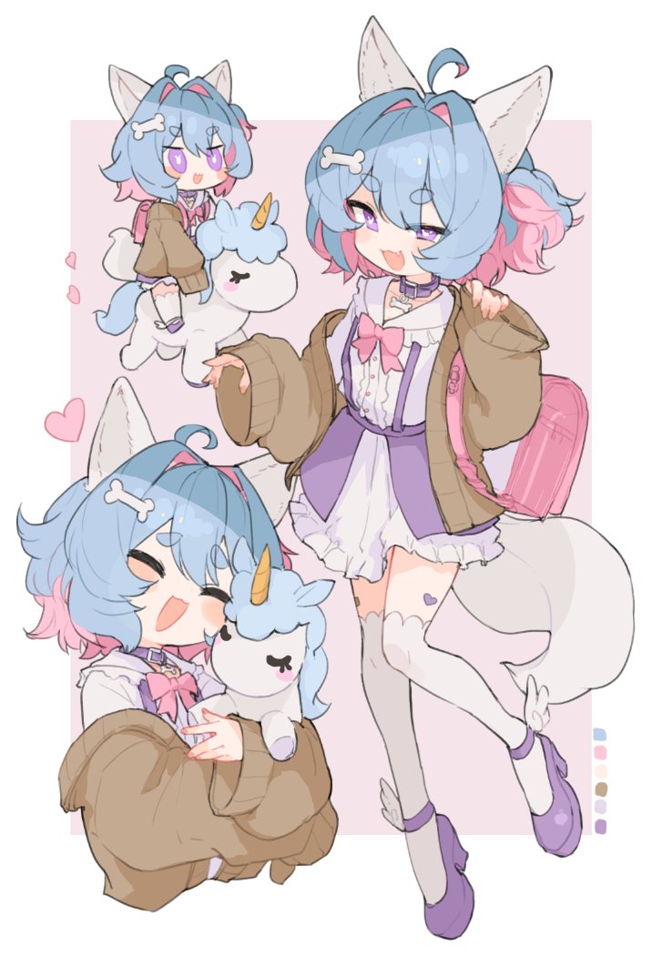 1girl ^_^ ahoge animal_collar animal_ears ankle_wings backpack bag blue_hair bone_hair_ornament border bow bowtie bright_pupils brown_cardigan cardigan cat_ears cat_girl cat_tail closed_eyes collar color_guide commission cropped_torso fang frilled_shirt frilled_skirt frills full_body hair_intakes hair_ornament heart hikimayu holding holding_stuffed_toy kasa_(hitori_sanka) looking_at_viewer multicolored_hair multiple_views one_side_up open_cardigan open_clothes open_mouth original outside_border pendant_collar pink_background pink_bow pink_bowtie pink_hair purple_collar purple_footwear purple_skirt riding shirt shoes simple_background skeb_commission skirt standing standing_on_one_leg stuffed_toy stuffed_unicorn suspender_skirt suspenders tail thigh-highs two-tone_hair upper_body violet_eyes white_border white_pupils white_shirt white_skirt white_thighhighs wings