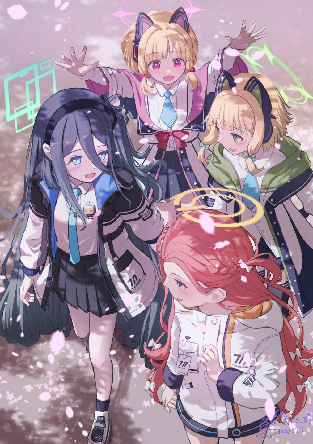 4girls :d animal_ear_headphones animal_ears aqua_bow aqua_halo aris_(blue_archive) black_hair black_hairband black_jacket black_skirt blonde_hair blue_archive blue_eyes blue_necktie blunt_bangs blush bow braid bright_pupils cat_ear_headphones cherry_blossoms collared_shirt commentary_request fake_animal_ears falling_petals flower from_above game_development_department_(blue_archive) green_eyes green_halo green_hood hair_bow hairband halo hampem7 headphones highres hood hooded_jacket id_card jacket long_hair long_hair_between_eyes long_sleeves looking_ahead looking_at_another looking_to_the_side low-tied_sidelocks midori_(blue_archive) miniskirt momoi_(blue_archive) multicolored_clothes multicolored_jacket multiple_girls necktie one_side_up open_clothes open_hands open_jacket open_mouth outstretched_arms parted_bangs petals pink_bow pink_eyes pink_flower pink_halo pink_petals pleated_skirt rectangular_halo redhead ringed_eyes shirt shoes short_hair sidelocks skirt smile sneakers spiked_halo tie_clip two-sided_fabric two-sided_jacket very_long_hair walking white_footwear white_jacket white_pupils white_shirt wide_sleeves yuzu_(blue_archive)