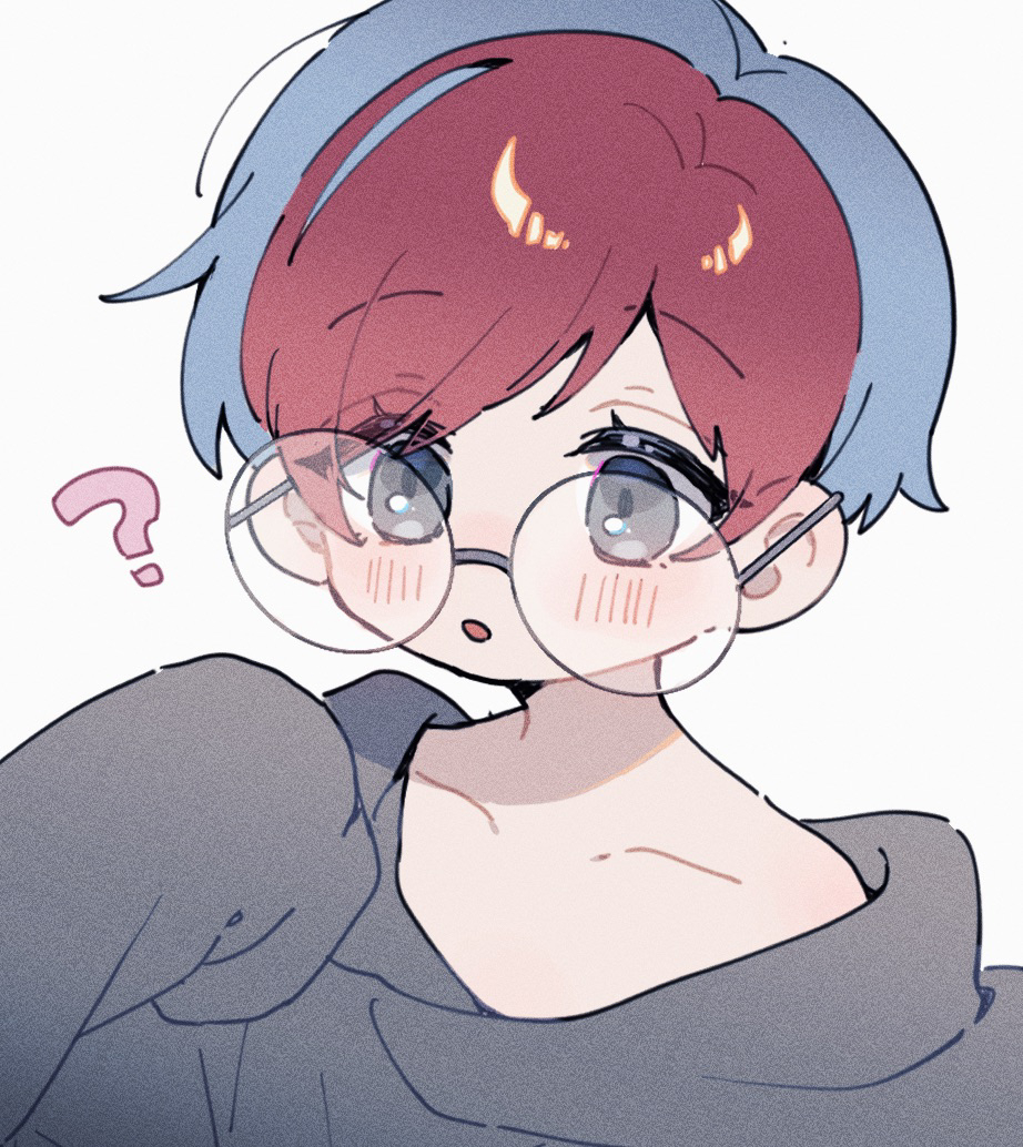 1girl :o ? blue_hair blush collarbone commentary_request eyelashes glasses grey_eyes hood hoodie multicolored_hair nekojiri open_mouth penny_(pokemon) pokemon pokemon_sv redhead round_eyewear simple_background sleeves_past_fingers sleeves_past_wrists solo two-tone_hair upper_body
