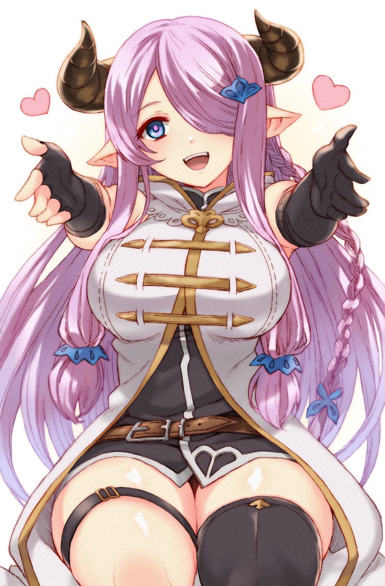 1girl asymmetrical_gloves blue_eyes braid breasts demon_horns draph ekra gloves granblue_fantasy hair_ornament hair_over_one_eye heart horns large_breasts long_hair looking_at_viewer narmaya_(granblue_fantasy) outstretched_arms pink_hair pointy_ears single_braid single_thighhigh solo thigh-highs thigh_strap uneven_gloves