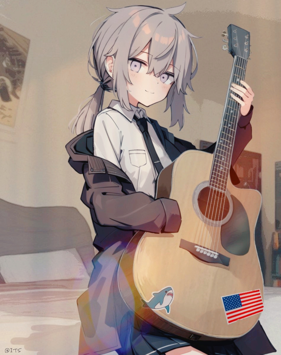 1girl acoustic_guitar american_flag bed black_necktie blue_skirt brown_jacket collared_shirt dot_nose english_commentary girls_frontline grey_hair guitar hair_between_eyes hair_intakes hair_tie highres holding holding_guitar holding_instrument ikea_shark indoors instrument its_(pixiv_61283676) jacket looking_at_viewer m200_(girls'_frontline) necktie off_shoulder on_bed pixiv_username pleated_skirt ponytail poster_(object) shirt sidelocks single_sleeve_past_fingers sitting skirt smile solo sticker stuffed_animal stuffed_shark stuffed_toy violet_eyes white_shirt