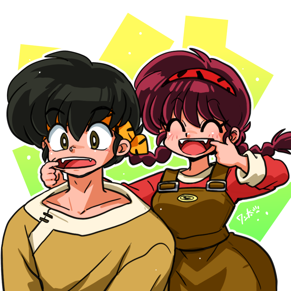 1boy 1girl abstract_background black_hair blue_eyes blush braid braided_ponytail breasts brother_and_sister brown_overalls closed_eyes confused disguise fangs finger_in_another's_mouth finger_in_own_mouth genderswap genderswap_(mtf) headband hibiki_yoiko long_sleeves medium_breasts medium_hair multicolored_squares_background open_mouth overalls ranma-chan ranma_1/2 red_headband red_shirt redhead saotome_ranma shirt short_hair siblings signature smile striped_headband wanta_(futoshi) yellow_eyes yellow_headband yellow_shirt