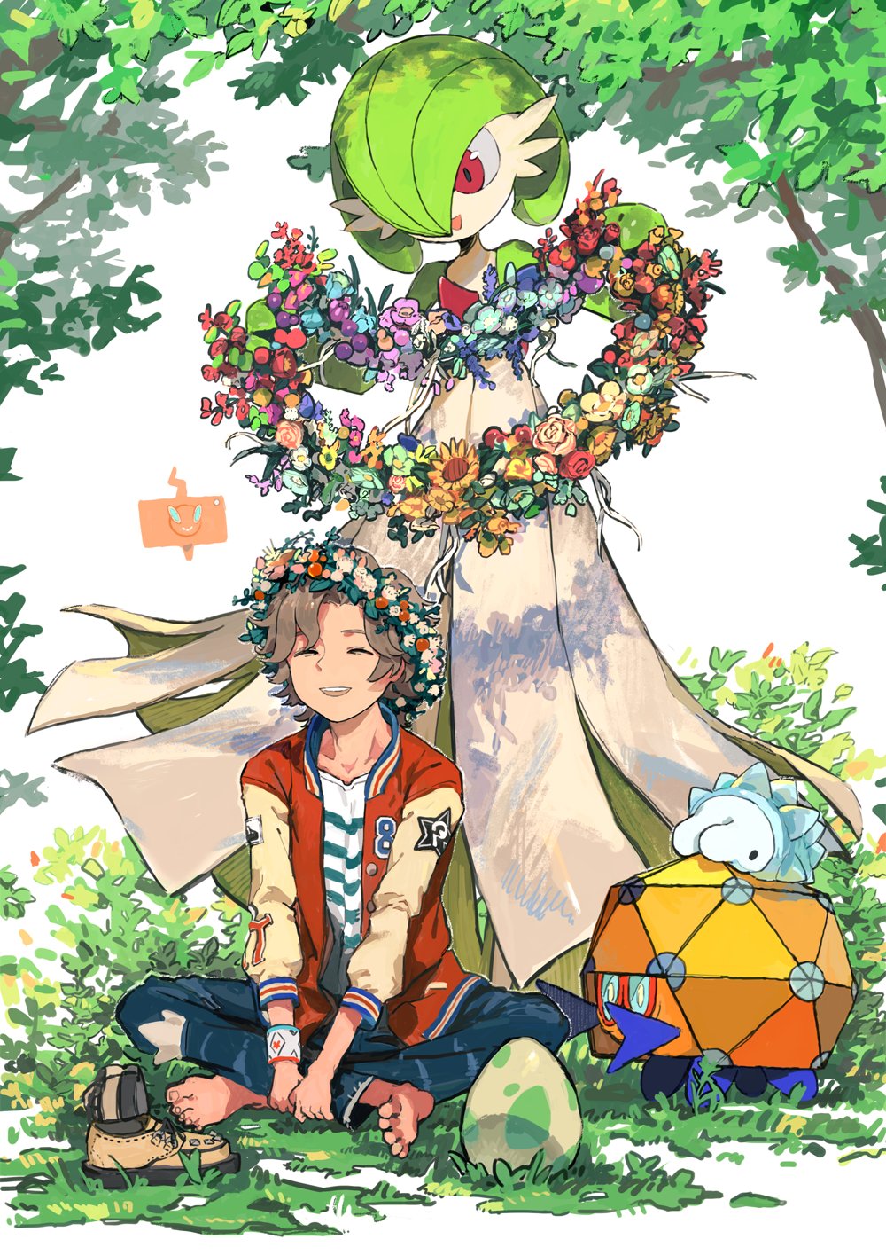 1boy ^_^ atory_totory barefoot blue_pants brown_hair character_request closed_eyes commentary day egg facing_viewer flower flower_wreath full_body gardevoir grass head_wreath highres holding holding_wreath indian_style jacket jersey looking_at_another on_grass open_mouth orange_jacket outdoors pants pokemon pokemon_(creature) pokemon_egg prism red_eyes rotom shirt short_hair sitting smile snom symbol-only_commentary tree unworn_footwear v_arms white_background white_shirt wristband