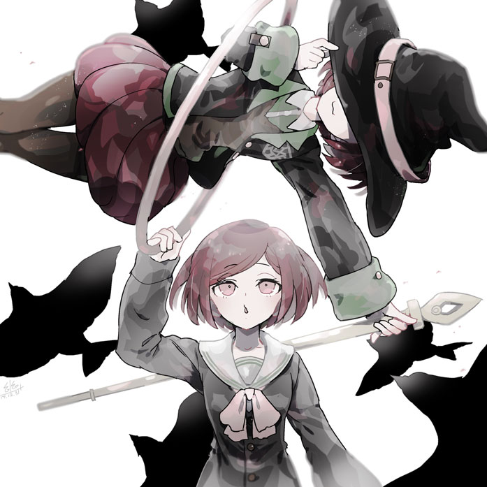 2girls :o belt belt_buckle bird black_hat black_jacket black_shirt black_sleeves blazer bow bowtie buckle buttons closed_mouth collar collared_shirt covered_eyes cowboy_shot crest crow danganronpa_(series) danganronpa_v3:_killing_harmony dated eyelashes grey_pantyhose grey_shirt grey_sleeves grey_vest hand_on_headwear hat hat_belt holding holding_hoop holding_staff hoop hula_hoop jacket long_sleeves looking_at_viewer miniskirt multiple_girls open_clothes open_jacket outstretched_arm pantyhose parted_lips pink_belt red_eyes red_skirt redhead sailor_collar sailor_shirt school_uniform shirt short_hair signature simple_background skirt sleeves_past_wrists staff straight-on u_u_ki_u_u upper_body vest wavy_mouth white_background white_bow white_bowtie white_collar white_sailor_collar witch_hat yumeno_himiko