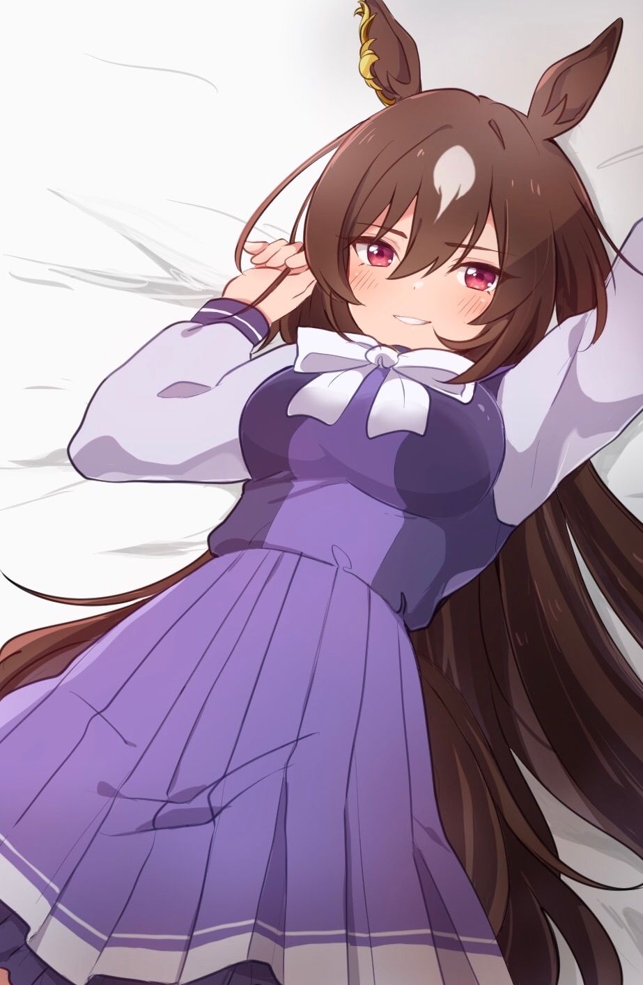 1girl animal_ears bee bow breasts brown_hair bug commentary_request cowboy_shot den_den_tumuri grin hair_between_eyes highres horse_ears horse_girl horse_tail long_hair long_sleeves looking_at_viewer lying medium_breasts multicolored_hair on_back on_bed pleated_skirt purple_shirt purple_skirt red_eyes sailor_collar school_uniform shirt sirius_symboli_(umamusume) skirt smile solo streaked_hair tail tracen_school_uniform umamusume very_long_hair white_bow white_hair winter_uniform
