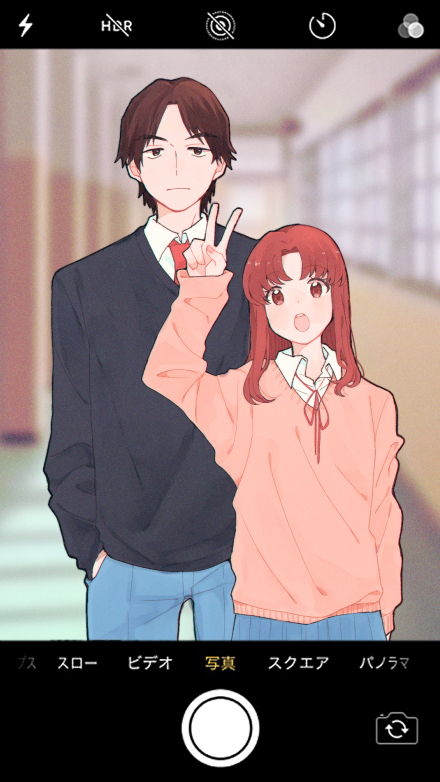 1boy 1girl arm_at_side arm_up black_sweater blue_pants blue_skirt blue_sweater blurry blurry_background brown_hair cardigan closed_mouth collared_shirt day egashira_mika fake_phone_screenshot fake_screenshot frown hallway hand_in_pocket hand_up head_tilt height_difference indoors long_hair long_sleeves mukai_tsukasa necktie open_mouth pants parted_bangs pechevail red_cardigan red_eyes red_necktie redhead school school_uniform shirt skip_to_loafer skirt straight-on sweater taking_picture v white_shirt