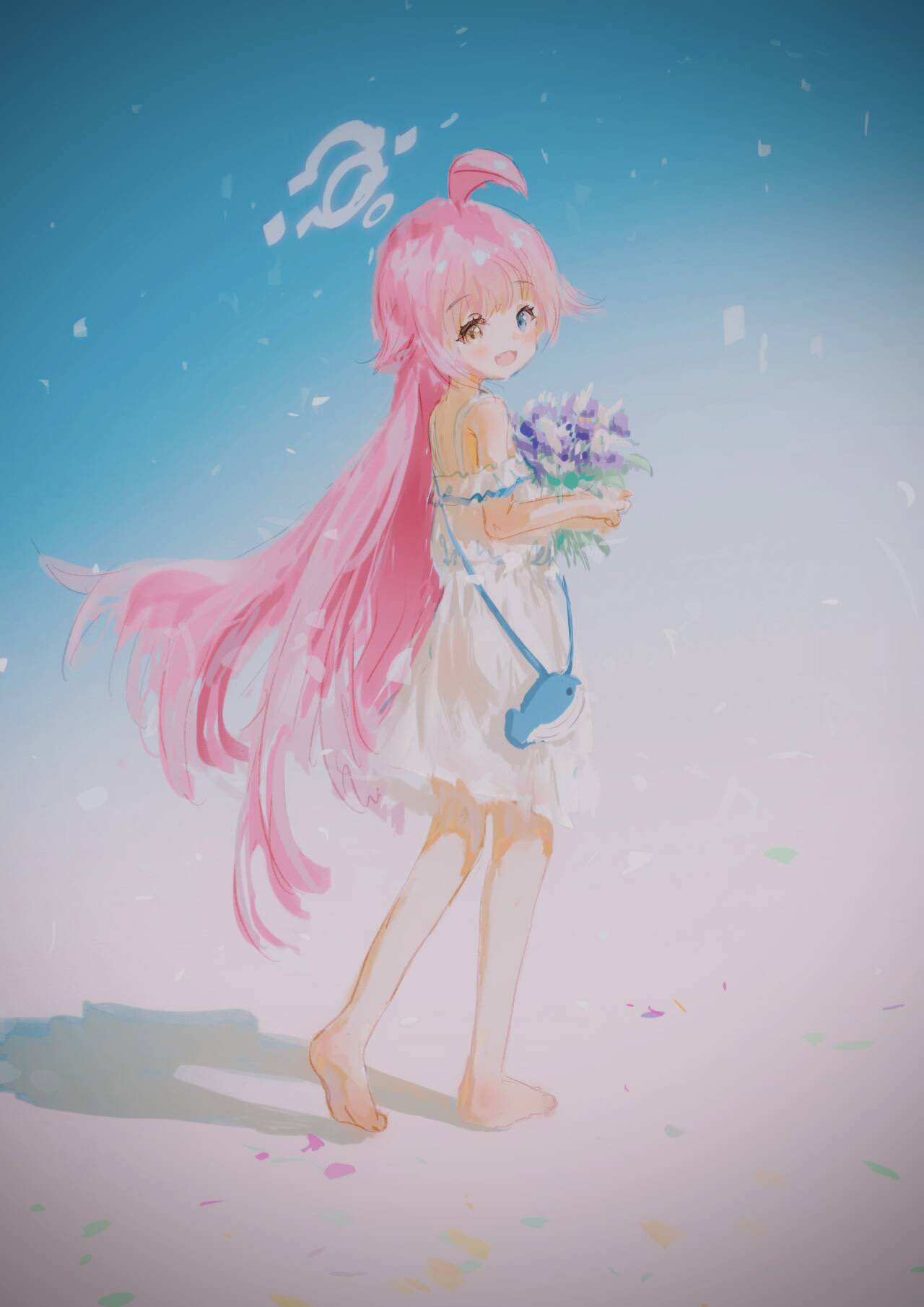 1girl :d ahoge bare_shoulders barefoot blue_archive blue_eyes bouquet commentary_request confetti dress fang full_body hair_between_eyes halo heterochromia highres holding holding_bouquet hoshino_(blue_archive) huge_ahoge long_hair looking_at_viewer off-shoulder_dress off_shoulder open_mouth pink_hair shadow sleeveless sleeveless_dress smile solo standing very_long_hair white_dress x158239 yellow_eyes