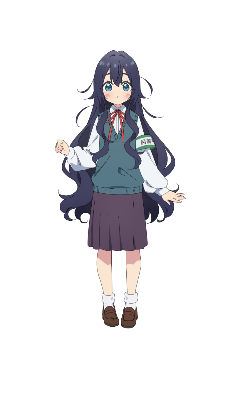 ankle_socks armband artist_request blue_eyes blue_hair blush brown_footwear buttons clenched_hand dot_nose double-parted_bangs dress_shirt full_body green_armband green_sweater_vest hair_between_eyes highres kimi_no_koto_ga_dai_dai_dai_dai_daisuki_na_100-nin_no_kanojo loafers long_bangs long_sleeves looking_at_viewer neck_ribbon official_art parted_lips pigeon-toed pleated_skirt purple_skirt red_ribbon ribbon school_uniform shirt shoes skirt socks solo standing straight-on sweater_vest tachi-e translation_request transparent_background triangle_mouth v-neck wavy_hair white_shirt white_socks yoshimoto_shizuka