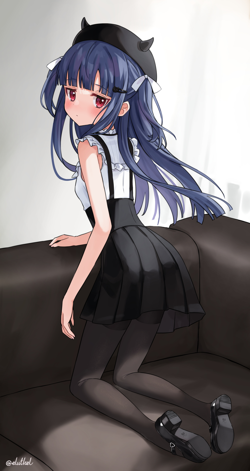 1girl black_pantyhose black_skirt blue_hair couch eluthel expressionless frilled_shirt_collar frills full_body hair_ornament hairclip hat highres idolmaster idolmaster_cinderella_girls kneeling long_hair looking_at_viewer looking_back mary_janes pantyhose parted_lips red_eyes sajo_yukimi shirt shoes skirt solo suspender_skirt suspenders white_shirt