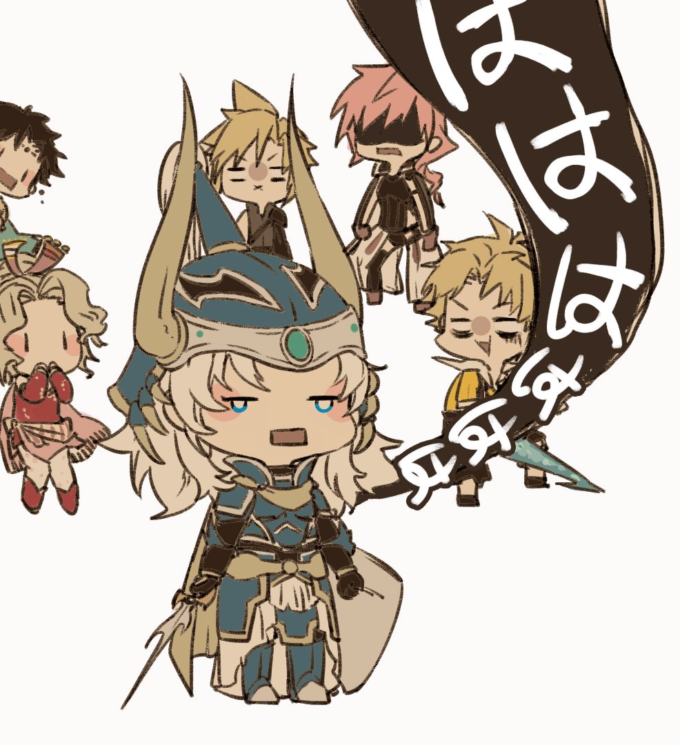 2girls 4boys armor bartz_klauser black_gloves black_overalls black_shirt black_vest blank_eyes blonde_hair blue_armor blush_stickers boots brown_hair cape chibi circlet cloud_strife commentary cuirass detached_sleeves dissidia_final_fantasy fake_horns faulds fermium.ice final_fantasy final_fantasy_i final_fantasy_v final_fantasy_vi final_fantasy_vii final_fantasy_x final_fantasy_xiii full_armor full_body gloves greaves hair_ribbon helmet high_collar holding holding_shield holding_sword holding_weapon horned_helmet horns leggings lightning_farron multiple_boys multiple_girls open_mouth overalls pauldrons pink_cape pink_hair pink_ribbon pink_shirt plume ponytail red_footwear red_shirt ribbon shaded_face shield shirt short_hair short_sleeves shoulder_armor shoulder_strap simple_background single_pauldron solid_oval_eyes spiky_hair surprised sword symbol-only_commentary terra_branford tidus vest warrior_of_light_(ff1) wavy_hair weapon white_background white_hair yellow_cape yellow_shirt