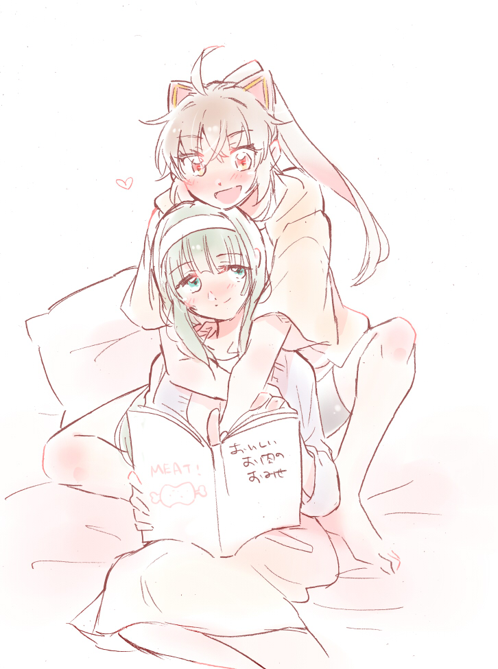 2girls :d ahoge animal_ears aqua_eyes assault_lily bare_legs bed_sheet behind_another black_shorts blue_cardigan blunt_bangs blush book brown_hair cardigan cat_ears closed_mouth commentary_request fakemon green_hair hair_between_eyes hairband hand_on_another's_chest hasebe_touka heads_together heart high_ponytail holding holding_book hood hood_down jacket kondou_misaka long_hair looking_at_object multiple_girls open_cardigan open_clothes open_jacket open_mouth orange_eyes orange_hood pale_color pillow pointing ponytail santouka short_sleeves shorts sidelocks simple_background sitting skirt smile sparkling_eyes spread_legs white_background white_hairband white_skirt wide_sleeves yuri
