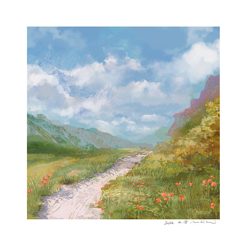 2024 blue_sky border bush clouds dated day flower grass mimoth mountain no_humans original outdoors path red_flower scenery signature sky white_border