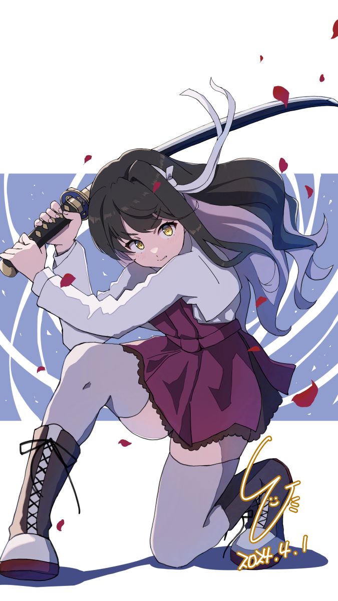 1girl black_hair boots collared_shirt colored_inner_hair cross-laced_footwear dated dress full_body grey_thighhighs highres holding holding_sword holding_weapon kantai_collection katana lace-up_boots ld_(luna_dial398) long_hair long_sleeves looking_at_viewer multicolored_hair naganami_(kancolle) open_mouth pink_hair purple_dress shirt signature sleeveless sleeveless_dress solo sword thigh-highs weapon white_shirt yellow_eyes