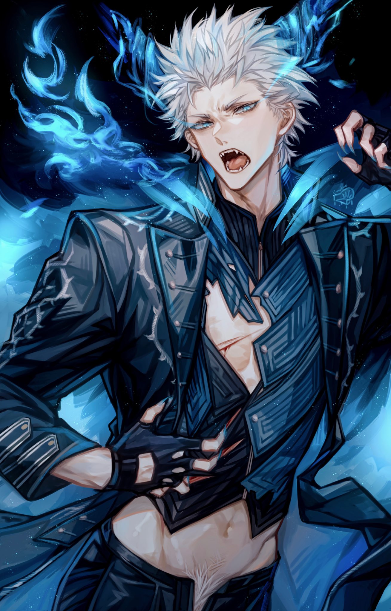 1boy bishounen blood blue_coat blue_eyes coat cowboy_shot demon_boy demon_horns devil_may_cry_(series) devil_may_cry_5 fangs fingerless_gloves gloves hair_slicked_back highres holding horns lolvivianli looking_at_viewer male_focus navel open_clothes open_mouth pants scar spiky_hair vergil_(devil_may_cry) white_hair