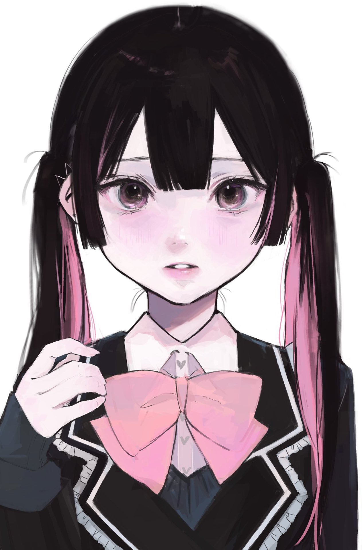 1girl black_eyes black_hair black_jacket blush bow bowtie cardigan_under_jacket collared_shirt expressionless highres iq033 jacket long_hair long_sleeves looking_at_viewer multicolored_hair open_clothes open_jacket original parted_lips pink_bow pink_bowtie pink_hair shirt simple_background solo twintails two-tone_hair upper_body white_background
