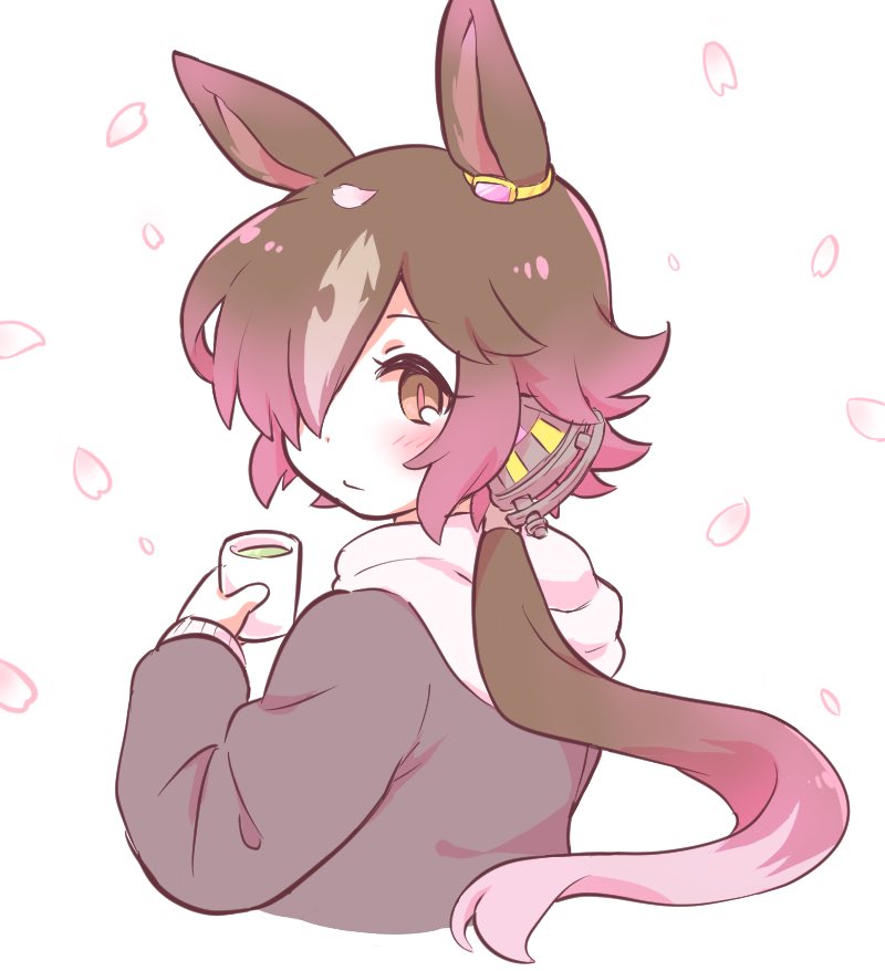 1girl animal_ears black_hoodie blush brown_hair cherry_blossoms closed_mouth cropped_torso cup hair_over_one_eye holding holding_cup hood hood_down hoodie horse_ears long_hair long_sleeves looking_at_another looking_at_viewer low_ponytail minmin_(kemomofuri) petals solo umamusume upper_body vodka_(umamusume) yellow_eyes