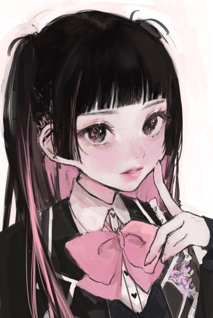 1girl barbell_piercing black_eyes black_hair black_jacket blush bow bowtie collared_shirt earrings finger_to_cheek hime_cut iq033 jacket jewelry long_hair looking_at_viewer multicolored_hair original parted_lips piercing pink_bow pink_bowtie pink_hair shirt simple_background sketch solo stud_earrings two-tone_hair white_background
