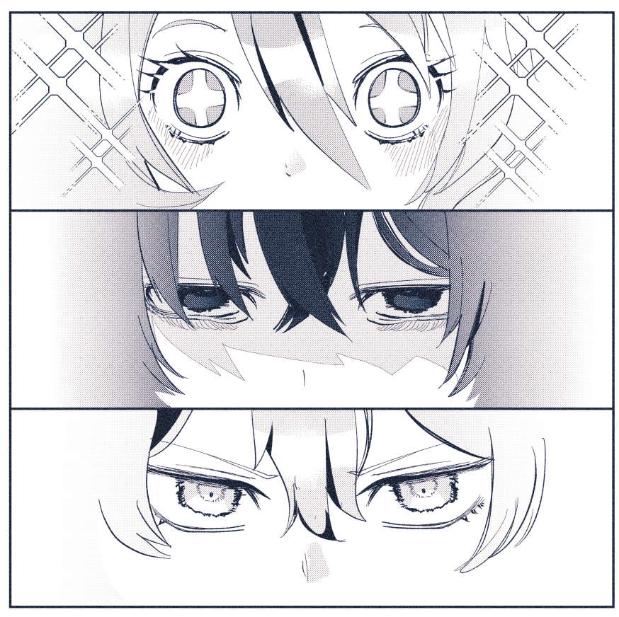 1girl 2boys close-up determined don_quixote_(project_moon) empty_eyes eye_focus greyscale limbus_company looking_at_viewer madotsuki_ren monochrome multiple_boys project_moon sinclair_(project_moon) sparkle sparkling_eyes yi_sang_(project_moon)