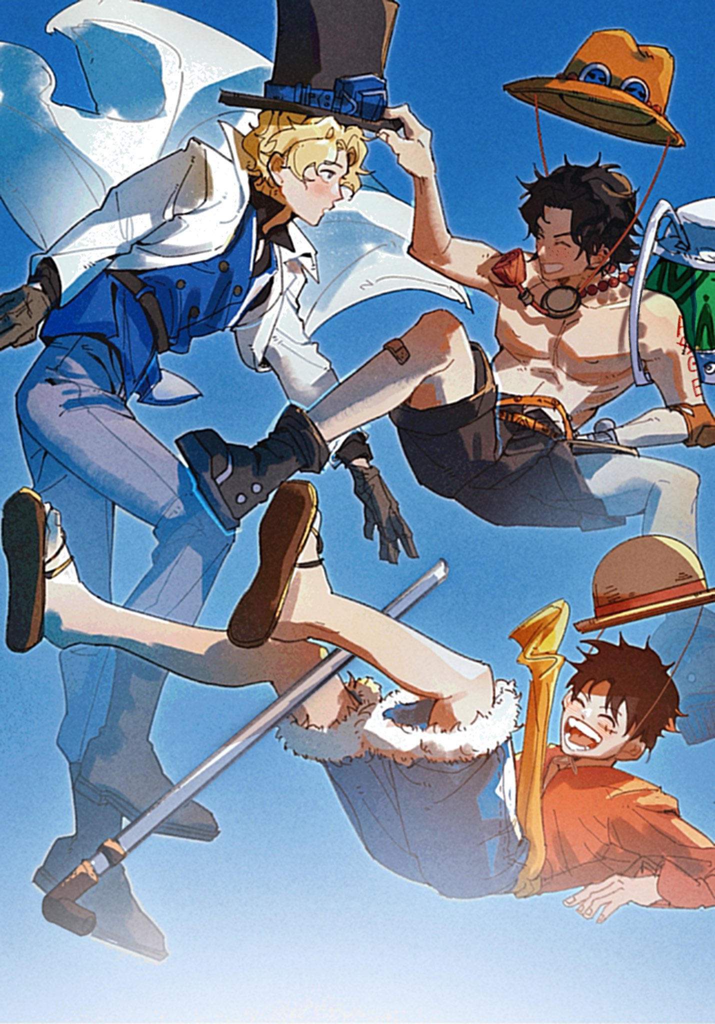 3boys ^_^ bag bandaid bandaid_on_leg belt black_hair black_shirt black_shorts blonde_hair blue_shorts boots closed_eyes coat commentary elbow_pads falling flip-flops gloves goggles goggles_on_head hat highres holding holding_clothes holding_hat jewelry log_pose male_focus monkey_d._luffy multiple_boys necklace one_piece onecata11 pearl_necklace portgas_d._ace profile red_shirt sabo_(one_piece) sandals sash shirt short_hair shorts shoulder_bag single_elbow_pad straw_hat top_hat topless_male waistcoat white_coat yellow_sash