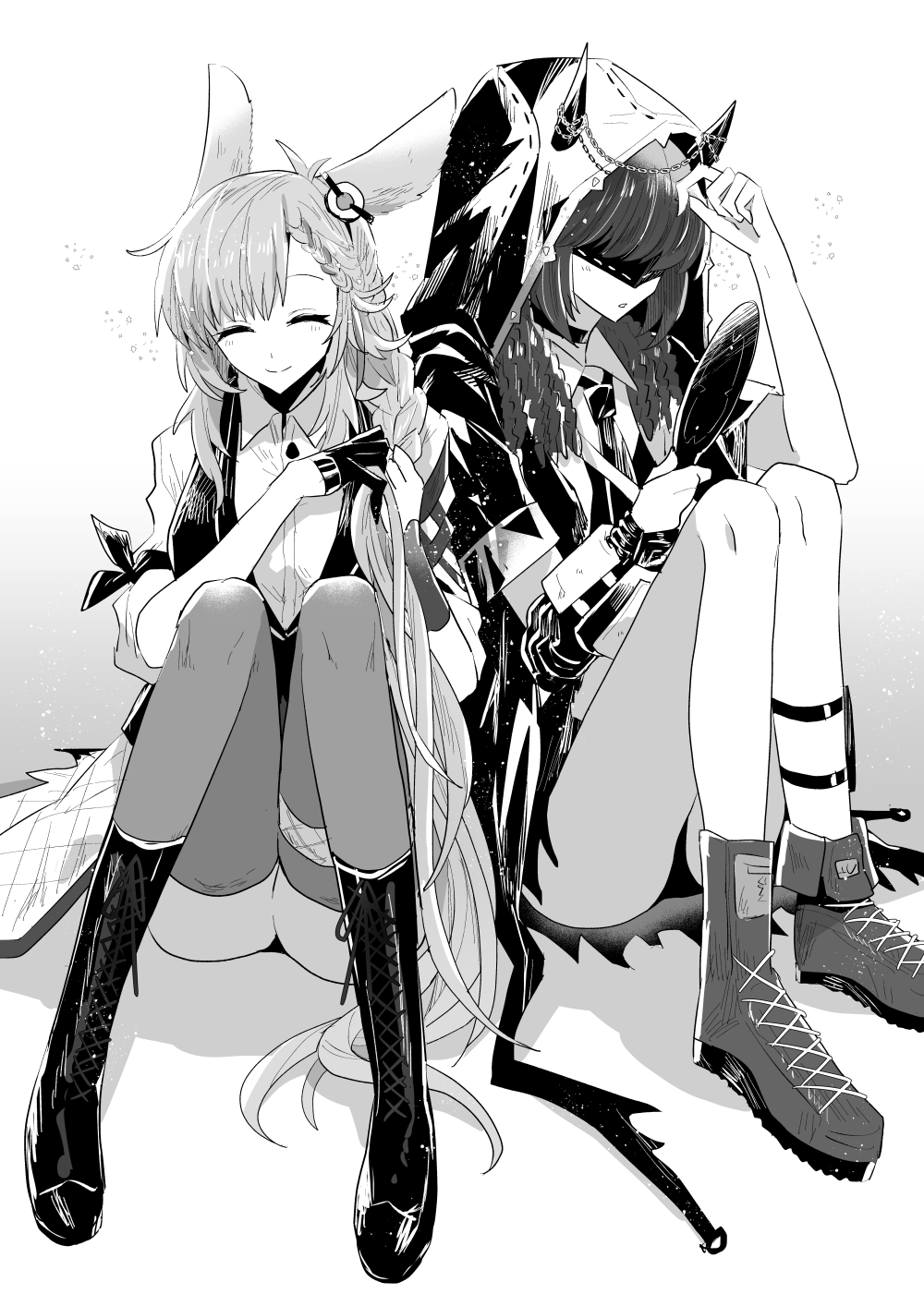 2girls animal_ears arknights arm_up blindfold boots braid chain closed_eyes collared_shirt cross-laced_footwear demon_horns dress facing_viewer gloves hair_ornament hand_up highres holding holding_mirror hood hood_up horns iwashi_80 jacket knee_boots knees_up kroos_(arknights) kroos_the_keen_glint_(arknights) lava_(arknights) lava_the_purgatory_(arknights) long_hair mirror multiple_girls necktie official_alternate_costume parted_lips pointy_ears rabbit_ears rabbit_girl shirt shorts single_glove smile thighlet vest