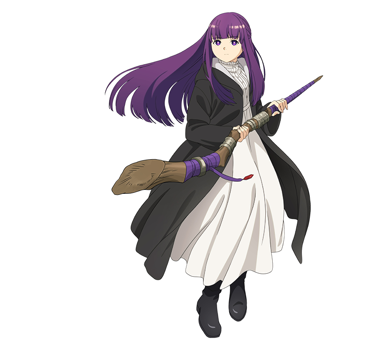 1girl black_coat blunt_bangs boots brown_footwear coat dress expressionless fern_(sousou_no_frieren) full_body holding holding_staff long_hair mage_staff official_art open_clothes open_coat purple_hair solo sousou_no_frieren staff transparent_background violet_eyes white_dress
