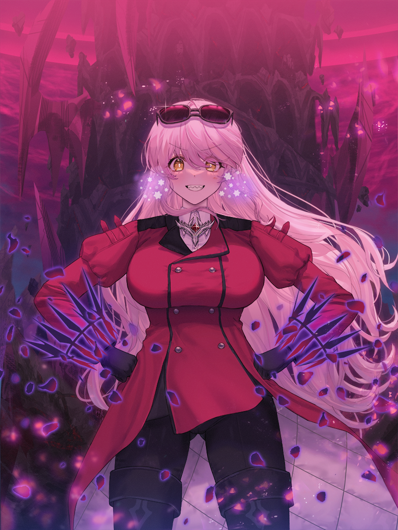1girl black_gloves black_pants breasts bright_pupils buttons coat collared_shirt commission cowboy_shot double-breasted eyewear_on_head falling_petals gem gloves grin hands_on_own_hips juliet_sleeves large_breasts light_blush long_hair long_sleeves looking_at_viewer merumeko original pants petals pink_hair puffy_sleeves red_coat red_gemstone sharp_teeth shirt smile solo star_(symbol) sunglasses teeth very_long_hair white_shirt yellow_eyes