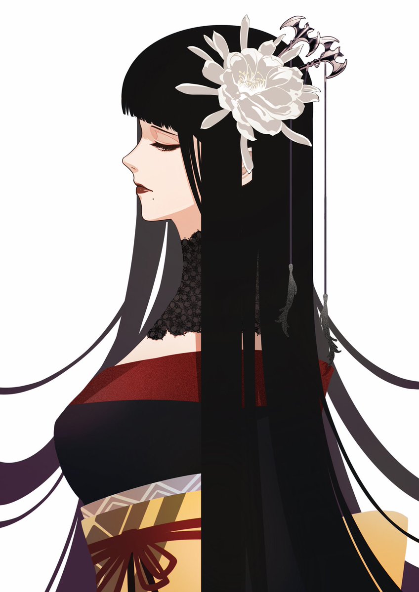 1girl bad_id bad_twitter_id bat_hair_ornament black_collar black_hair black_kimono chinese_commentary collar commentary_request expressionless final_fantasy final_fantasy_xiv flower from_side hair_flower hair_ornament half-closed_eyes hyur japanese_clothes kimono lace_collar long_hair mole mole_under_mouth obi obiage obijime profile red_lips red_trim sash sideways_glance simple_background solo straight_hair white_background white_flower yotsuyu_goe_brutus zhaoyang2002