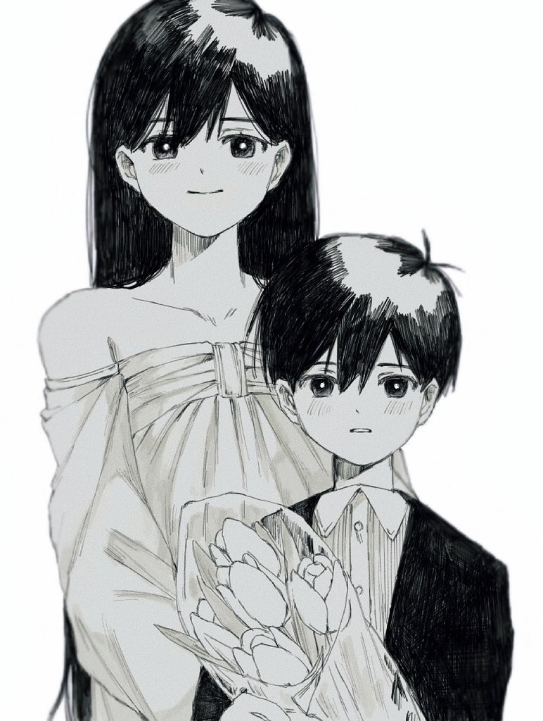 1boy 1girl bare_shoulders blush bright_pupils closed_mouth dot_nose dress formal greyscale hashtag-only_commentary long_hair looking_at_viewer mari_(omori) monochrome omori parted_lips sawaki_(2d1ty) short_hair simple_background smile straight-on suit sunny_(omori) upper_body very_long_hair white_background