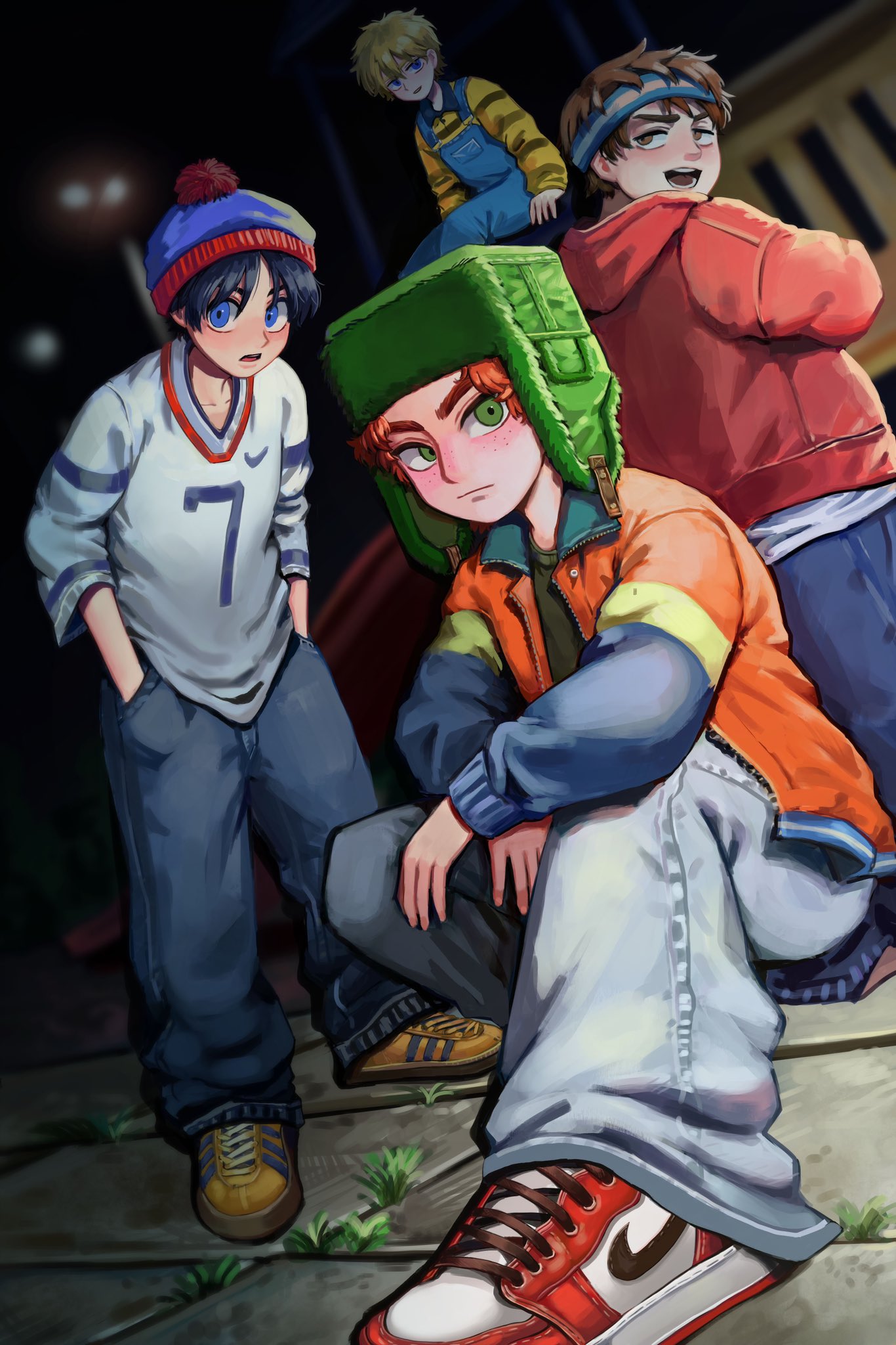 4boys beanie black_hair blonde_hair blue_eyes brown_hair closed_mouth denim eric_cartman freckles green_eyes h2co3_vv hands_in_pockets hat headband highres hood hood_down jacket jeans jersey kenny_mccormick kyle_broflovski looking_at_viewer male_focus multiple_boys open_clothes open_jacket open_mouth outdoors overalls pants redhead shirt shoes sitting sneakers south_park stan_marsh standing