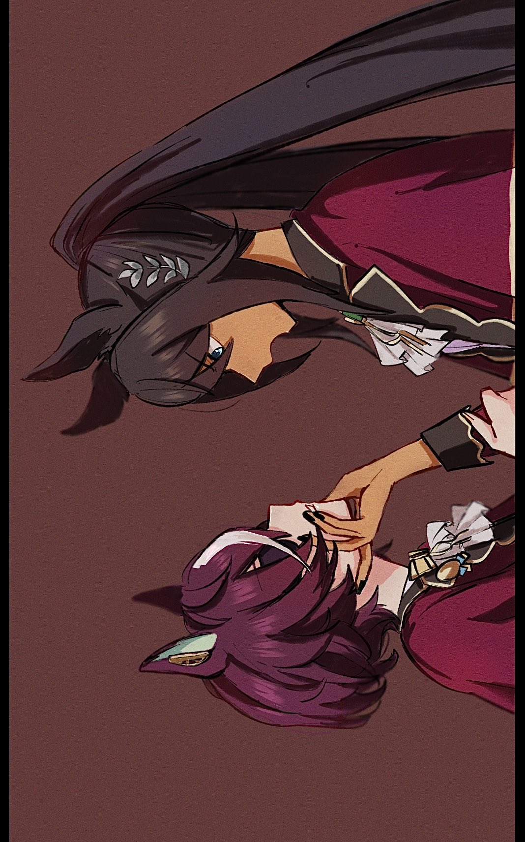 2girls animal_ears ascot black_hair blue_eyes bow bowtie brooch brown_background brown_hair capelet dark-skinned_female dark_skin eye_contact eyepatch from_side hair_ornament hand_on_own_chin highres holding_another's_arm horse_ears jewelry kashu_ri long_hair looking_at_another multicolored_hair multiple_girls notes_of_grandeur_(umamusume) open_mouth pillarboxed ponytail short_hair sideways streaked_hair symboli_kris_s_(umamusume) tanino_gimlet_(umamusume) umamusume white_ascot yuri