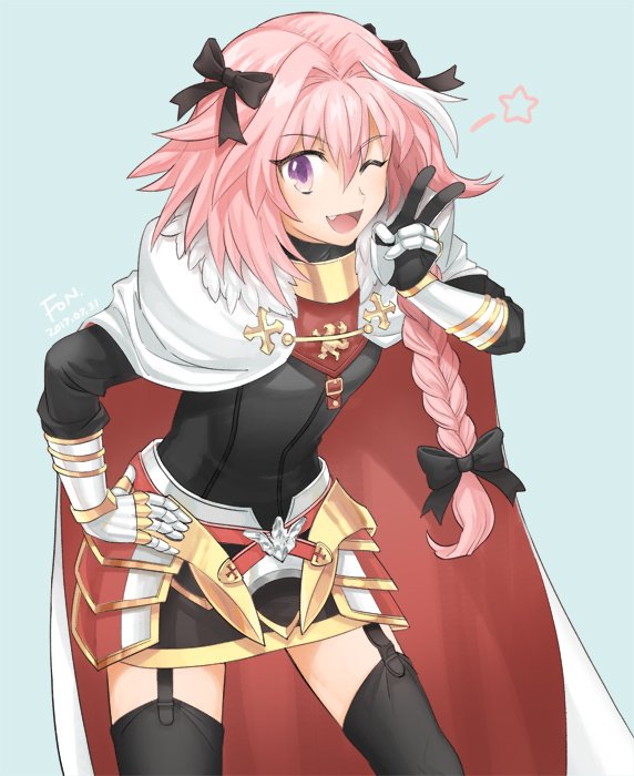 1boy astolfo_(fate) black_bow black_thighhighs blue_background bow braid cape cowboy_shot fang fate/apocrypha fate_(series) fon-due_(fonfon) garter_straps gloves hair_bow hand_on_own_hip long_hair looking_at_viewer male_focus multicolored_hair one_eye_closed open_mouth otoko_no_ko pink_hair single_braid solo streaked_hair thigh-highs violet_eyes