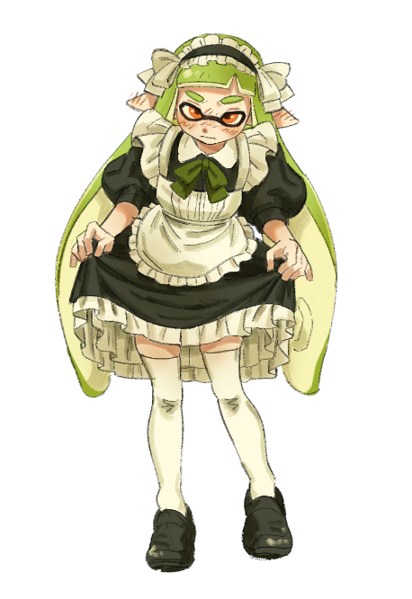 1girl apron black_dress black_footwear blush bow bowtie closed_mouth clothes_lift commentary_request dress dress_lift frilled_hairband frills full_body green_bow green_bowtie green_hair hairband inkling inkling_girl inkling_player_character korean_commentary leaning_forward long_hair maid_apron maid_headdress orange_eyes pointy_ears salmon_yeon_eo simple_background solo splatoon_(series) tentacle_hair thigh-highs unamused v-shaped_eyebrows white_background white_thighhighs