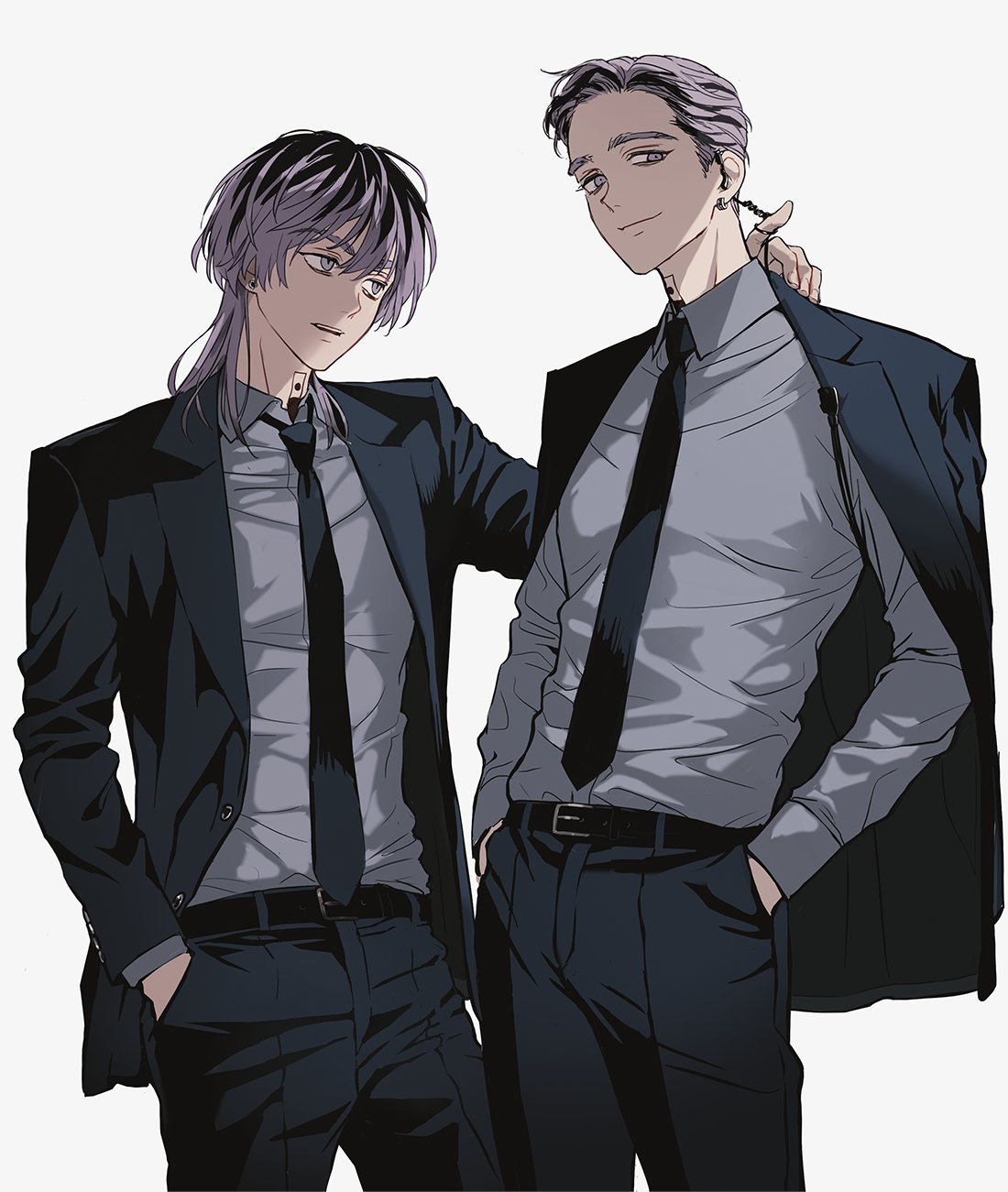 2boys belt black_belt black_jacket black_necktie black_pants black_suit closed_mouth collared_shirt cowboy_shot ear_piercing grey_shirt haitani_ran haitani_rindou hand_in_pocket hand_on_another's_shoulder hands_in_pockets highres jacket jacket_on_shoulders light_smile looking_at_another looking_at_viewer male_focus multicolored_hair multiple_boys neck_tattoo necktie open_clothes open_jacket pants parted_lips piercing purple_hair shirt simple_background standing streaked_hair suit tattoo teeth tokyo_revengers upper_teeth_only violet_eyes wawgwo wolf_cut