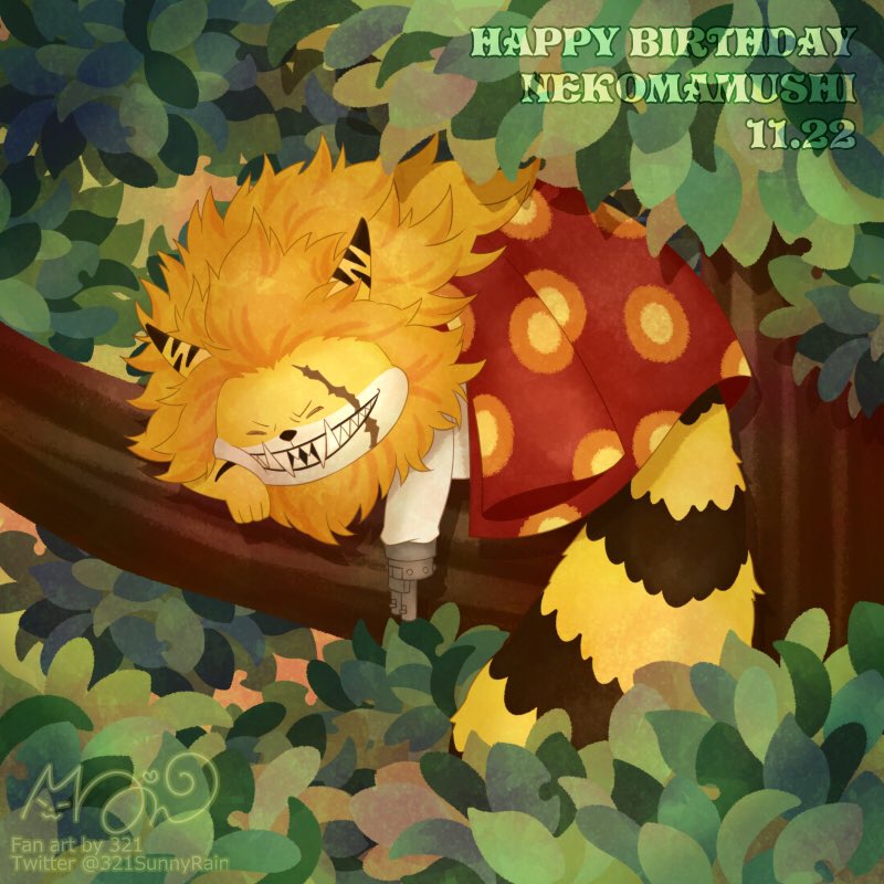 1boy 321 ^_^ cat cat_boy character_name closed_eyes commentary_request dated haori happy_birthday japanese_clothes mane nekomamushi on_tree one_piece scar scar_on_face sharp_teeth signature smile solo teeth tree twitter_username