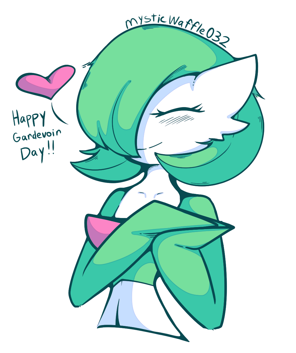 bob_cut closed_eyes colored_skin english_text gardevoir gardevoir_day green_hair hair_over_one_eye heart highres multicolored_skin mysticwaffle own_hands_together pokemon pokemon_(creature) simple_background smile two-tone_skin white_background white_skin