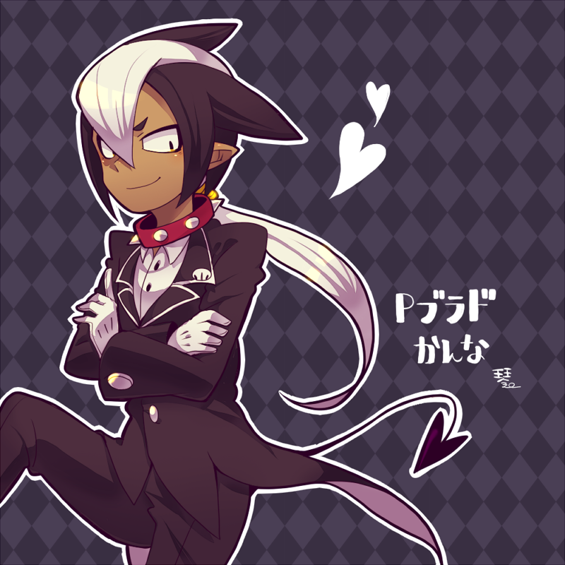 1boy animal_collar argyle_background black_jacket black_pants buttons collar crossed_arms dark-skinned_male dark_skin demon_tail formal gloves grey_background hair_ears jacket kotorai livly_island male_focus multicolored_hair pants pointy_ears shirt signature smile spiked_collar spikes tail tailcoat translation_request two-tone_hair white_gloves white_shirt