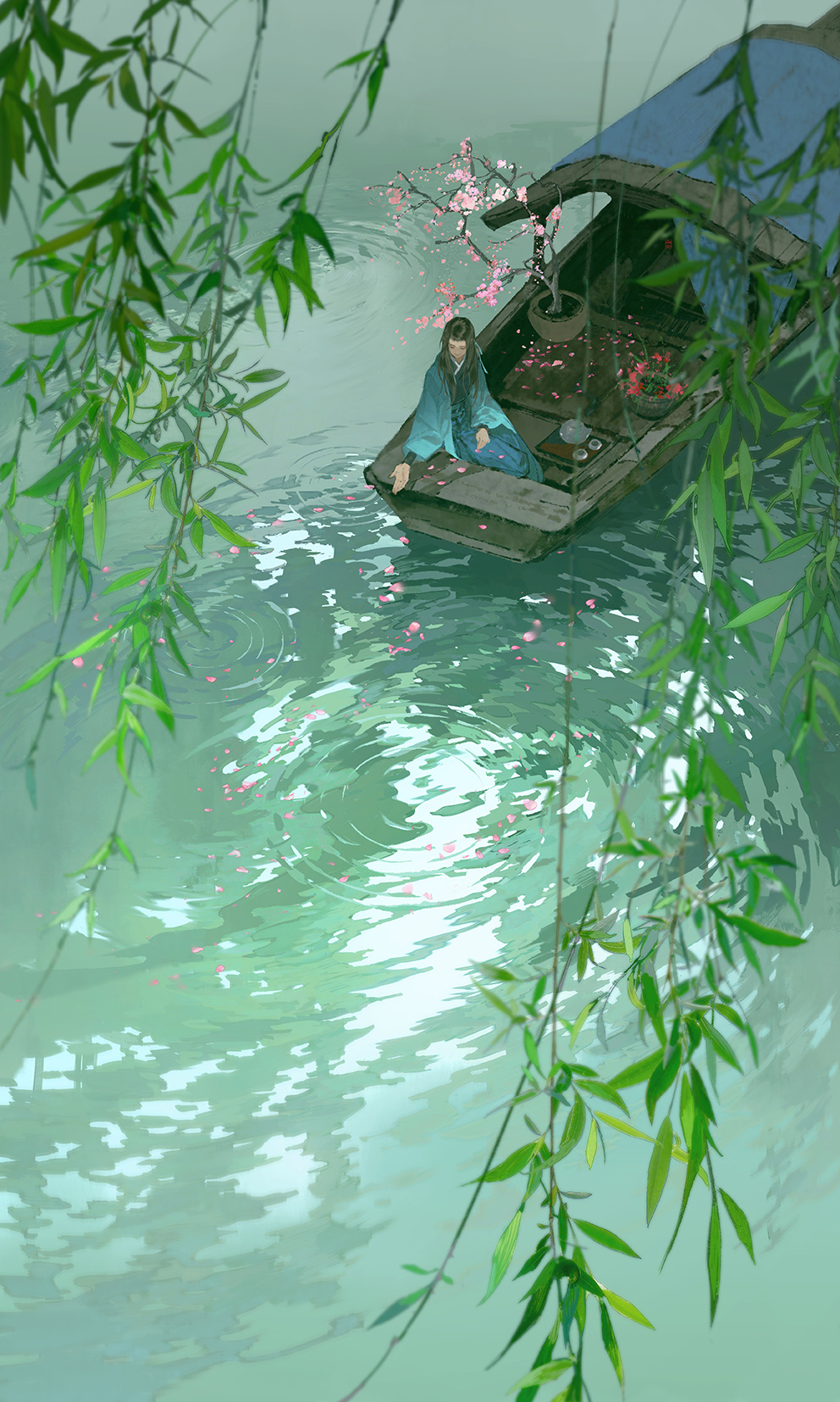 1girl blue_jacket blue_kimono boat branch brown_hair cherry_blossoms facing_down flower_pot haori highres ibuki_satsuki jacket japanese_clothes kimono lake landscape long_hair long_sleeves nature open_clothes open_hand open_jacket original reflection reflective_water ripples sapling scenery sidelocks solo teapot very_wide_shot water watercraft wide_sleeves
