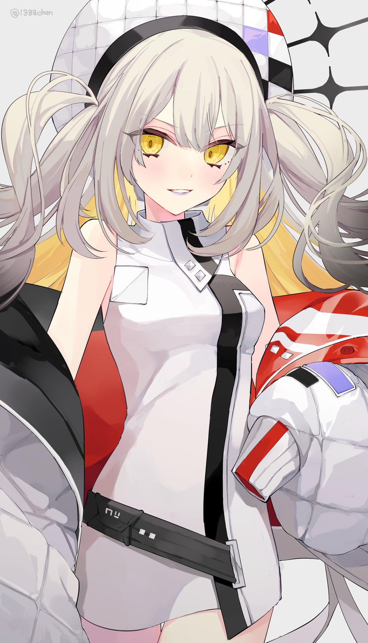 1388chan 1girl artist_name bare_shoulders blonde_hair breasts colored_inner_hair commentary cowboy_shot double-parted_bangs dress eyes_visible_through_hair fate/grand_order fate_(series) grey_background grey_hair grin hair_between_eyes hat highres jacket lipstick long_hair long_sleeves looking_at_viewer makeup marie_antoinette_(alter)_(fate) marie_antoinette_(alter)_(first_ascension)_(fate) marie_antoinette_(fate) multicolored_hair off_shoulder open_clothes open_jacket purple_lips simple_background sleeveless sleeveless_dress small_breasts smile solo standing twitter_username two_side_up very_long_hair white_dress white_hat white_jacket yellow_eyes