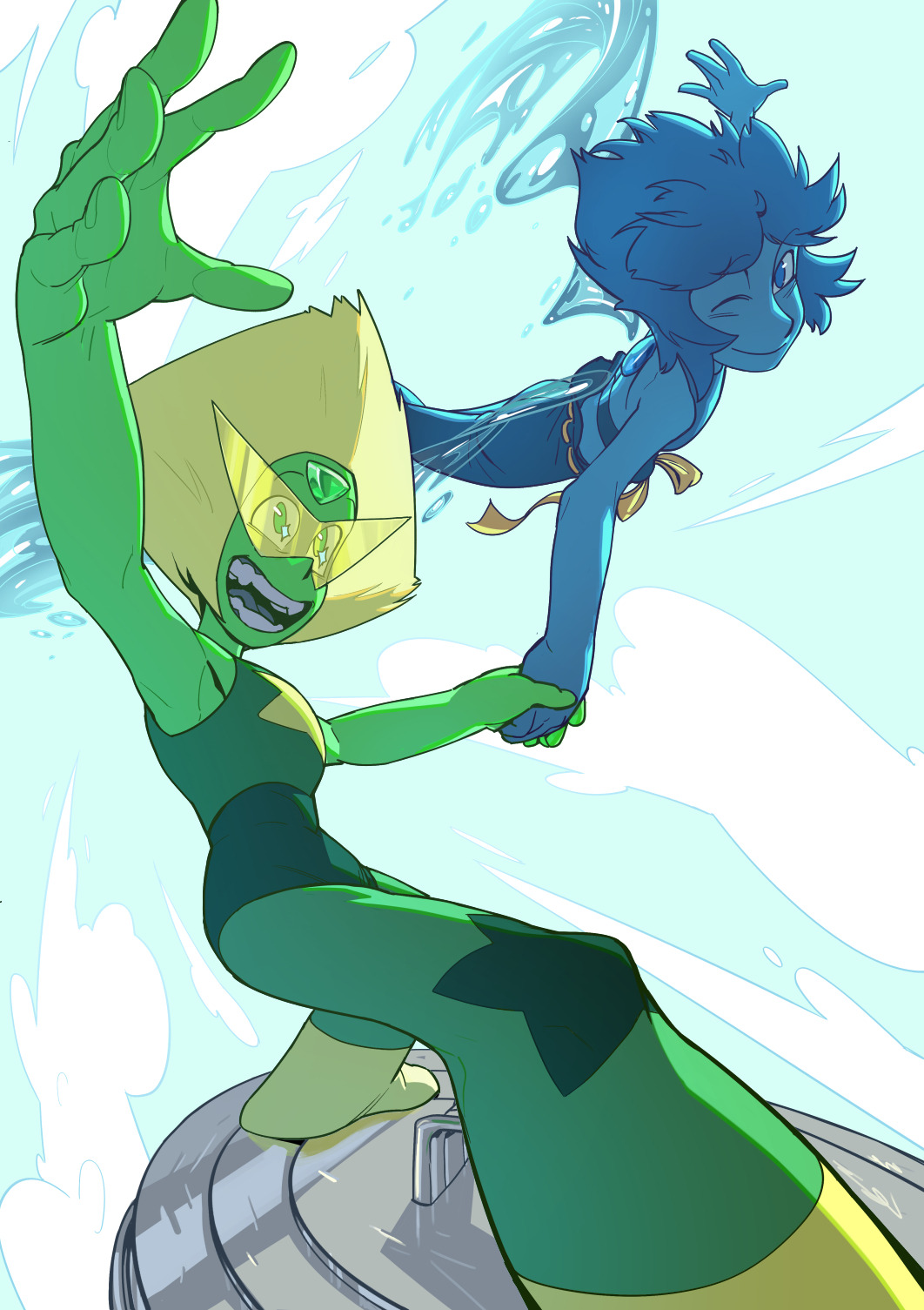 2girls blue_eyes blue_hair blue_sclera blue_sky closed_mouth clouds cloudy_sky colored_sclera colored_skin colored_tongue day flying green_eyes green_hair green_sclera green_skin green_tongue highres holding_hands kamina_shades lapis_lazuli_(steven_universe) multiple_girls one_eye_closed open_mouth outstretched_arms outstretched_hand peridot_(steven_universe) sky star_(symbol) steven_universe sunglasses svacob trashcan_lid