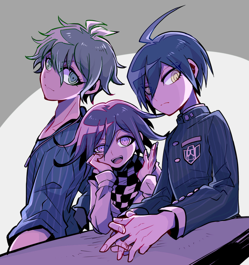 3boys ahoge amami_rantaro antenna_hair arm_belt arms_on_table belt black_jacket black_scarf black_sleeves blue_hair blue_shirt blue_sleeves buttons checkered_clothes checkered_scarf closed_mouth collarbone collared_jacket commentary_request crest danganronpa_(series) danganronpa_v3:_killing_harmony desk elbows_on_table eyelashes fingernails frown green_eyes green_hair hair_between_eyes hand_on_own_cheek hand_on_own_face high_collar interlocked_fingers jacket jewelry layered_sleeves light_smile long_sleeves looking_at_viewer mako_gai male_focus multiple_boys oma_kokichi open_mouth own_hands_clasped own_hands_together pendant pinstripe_jacket pinstripe_pattern pocket purple_hair saihara_shuichi scarf shirt short_hair simple_background sleeves_past_elbows sleeves_past_wrists smile striped_clothes striped_shirt teeth two-tone_scarf upper_body upper_teeth_only vertical-striped_sleeves violet_eyes white_background white_belt white_jacket white_scarf white_sleeves yellow_eyes