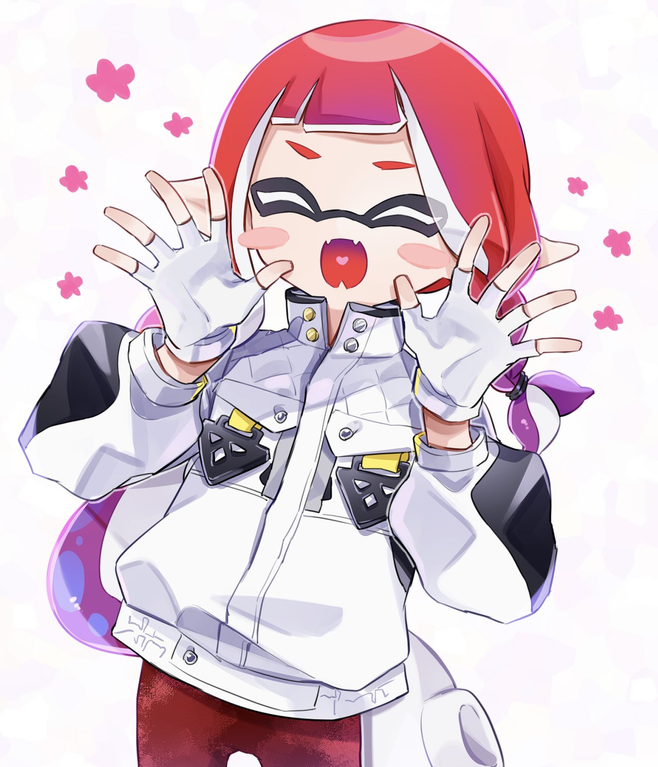 1girl arms_up blush closed_eyes colored_tips commentary fangs fingerless_gloves flower gloves highres inkling inkling_girl inkling_player_character jacket long_hair multicolored_hair open_mouth pants pointy_ears psya_ma purple_hair red_pants redhead simple_background skin_fangs smile solo splatoon_(series) symbol-only_commentary tentacle_hair two-tone_hair white_background white_gloves white_jacket
