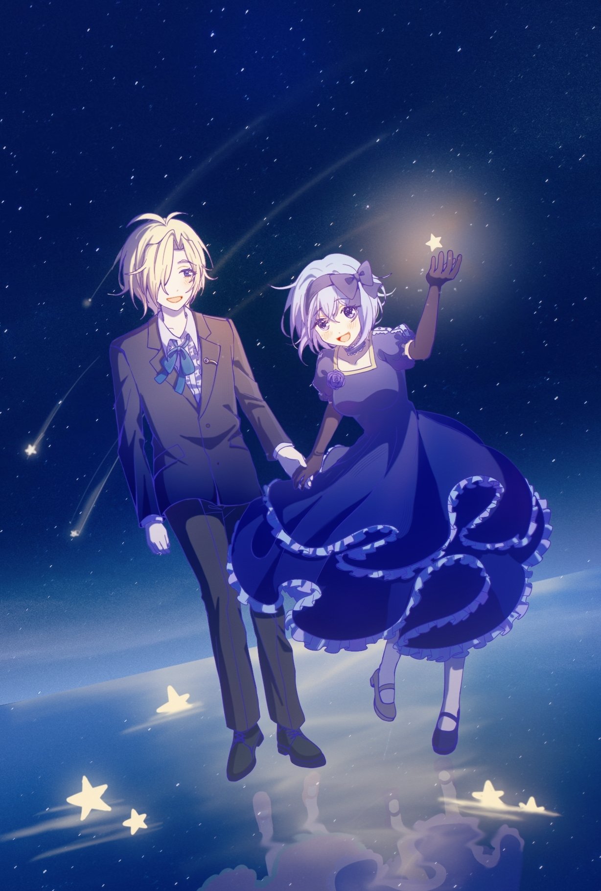 1boy 1girl ahoge black_footwear black_gloves black_jacket black_pants blonde_hair blue_bow blue_dress blue_flower blue_hairband blue_ribbon bow buttons claire_elford collared_shirt dress elbow_gloves flower frilled_dress frills gloves hair_intakes hair_over_one_eye hairband highres holding holding_hands holding_star jacket night night_sky noel_levine open_mouth pants reflective_floor ribbon shirt shooting_star short_hair sky smile star_(sky) star_(symbol) star_handsanit white_shirt witch's_heart