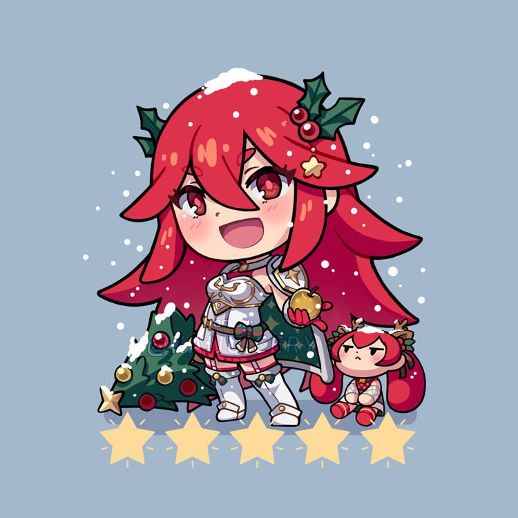 2girls :d apple armor blue_background boots chibi chibi_only christmas_tree cordelia_(fire_emblem) cordelia_(winter)_(fire_emblem) dress english_commentary fire_emblem fire_emblem_awakening fire_emblem_fates fire_emblem_heroes food fruit golden_apple hair_between_eyes hair_ornament holding holding_food holding_fruit kaijuicery long_hair looking_at_viewer mother_and_daughter multiple_girls open_mouth red_dress red_eyes redhead selena_(fire_emblem_fates) selena_(winter)_(fire_emblem_fates) shoulder_armor sleeveless smile snow star_(symbol) thigh_boots twintails twitter_username very_long_hair