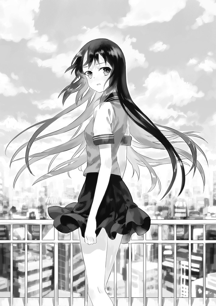 1girl breasts city cityscape clouds day floating_hair greyscale long_hair looking_at_viewer looking_back miniskirt moekon monochrome original outdoors parted_lips railing school_uniform shirt short_sleeves skirt sky small_breasts solo standing very_long_hair wind