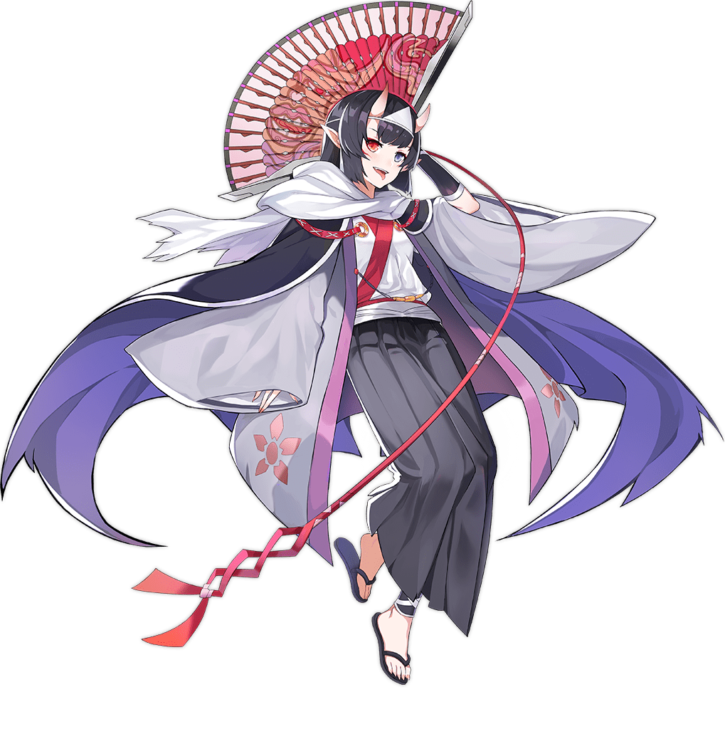 1girl amanojaku_(ark_order) ark_order arm_at_side arm_behind_head arm_up artist_request black_cape black_footwear black_hair black_pants blue_eyes cape coat earrings folding_fan full_body hakama hakama_pants hand_fan haori heterochromia holding holding_fan horns japanese_clothes jewelry kimono long_hair long_sleeves official_art pants pointy_ears purple_cape red_eyes red_sash sandals sash sidelocks skin-covered_horns solo tachi-e tongue tongue_out transparent_background triangular_headpiece two-sided_cape two-sided_fabric white_coat white_kimono wide_sleeves wrist_guards