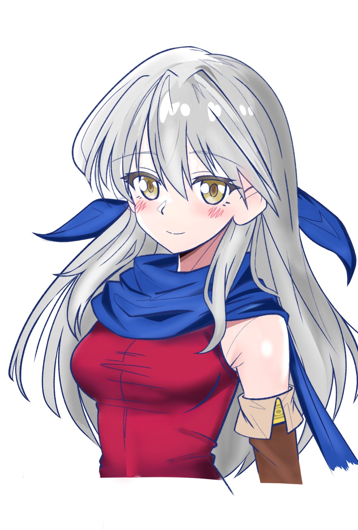 1girl armpit_crease blue_scarf breasts closed_mouth commentary_request cropped_torso fire_emblem fire_emblem:_radiant_dawn grey_hair hair_between_eyes highres long_hair micaiah_(fire_emblem) scarf siglud1225 simple_background smile solo upper_body white_background yellow_eyes