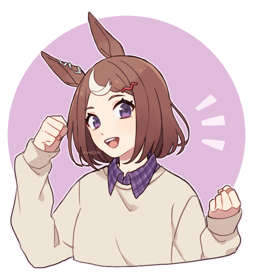 1girl animal_ears brown_hair clenched_hands collared_shirt cropped_torso hair_ornament hairclip hands_up horse_ears looking_at_viewer multicolored_hair nm222hz notice_lines open_mouth purple_shirt shirt short_hair smile solo streaked_hair sweater teeth tsurumaru_tsuyoshi_(umamusume) twitter_username umamusume upper_body upper_teeth_only violet_eyes watermark