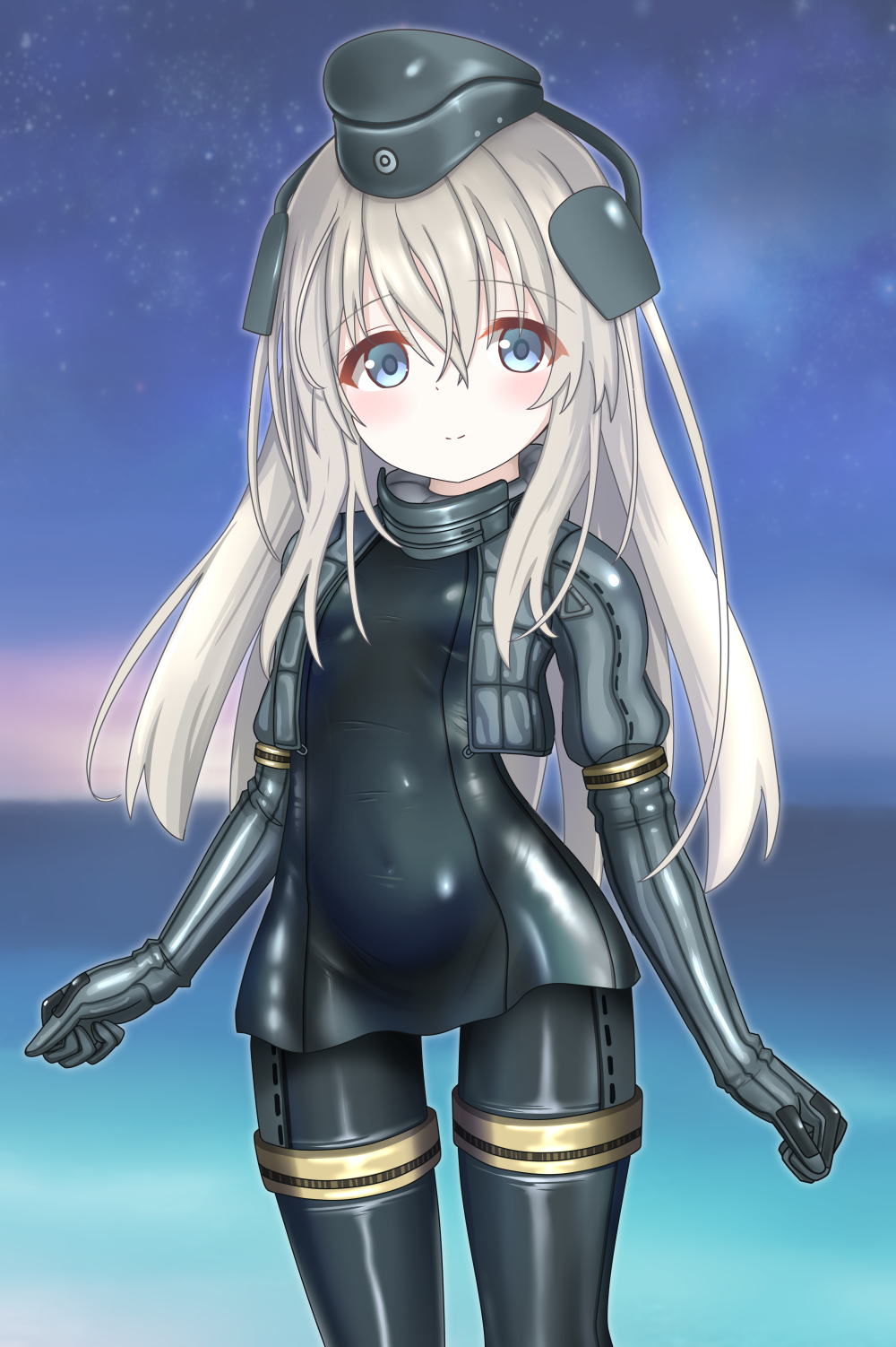 1girl blonde_hair blue_eyes blush bodysuit cropped_jacket diving_suit garrison_cap hair_ornament hat highres kantai_collection langley1000 long_hair long_sleeves looking_at_viewer military military_uniform multiple_girls puffy_sleeves skin_tight smile solo swimsuit swimsuit_under_clothes u-511_(kancolle) uniform wetsuit
