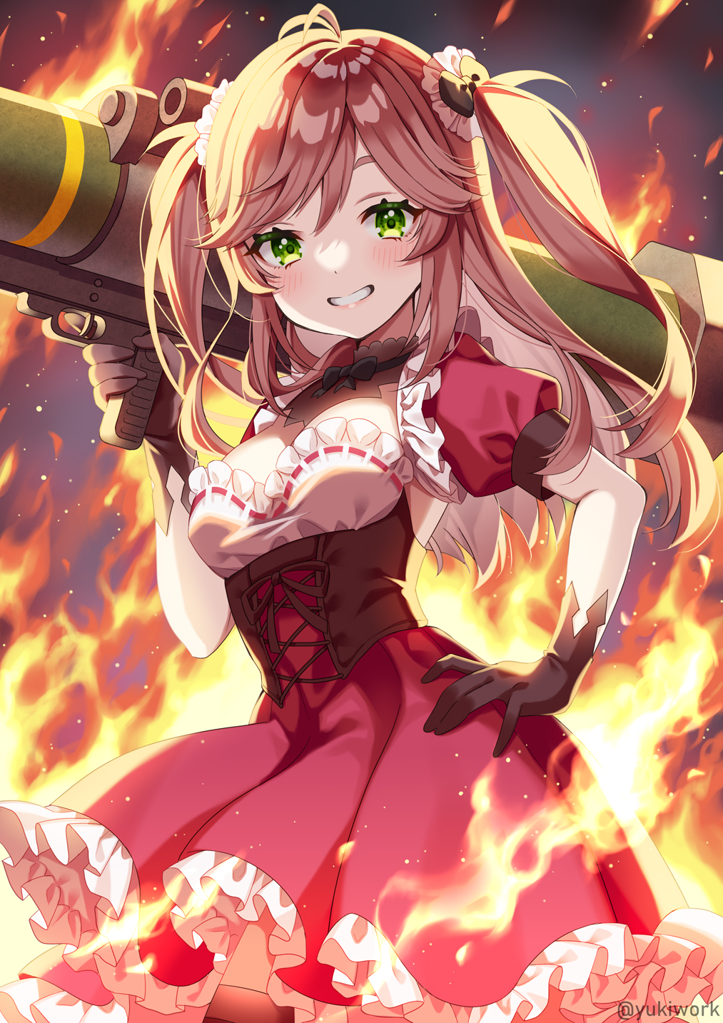 1girl black_gloves black_thighhighs brown_hair commentary_request commission cowboy_shot dress fire frilled_dress frills gloves green_eyes grin hair_ornament hand_on_own_hip highres indie_virtual_youtuber long_hair looking_at_viewer m1_bazooka partial_commentary puffy_short_sleeves puffy_sleeves red_dress rocket_launcher short_dress short_sleeves skeb_commission smile solo standing tanmaru_kade thigh-highs trigger_discipline twitter_username two_side_up underbust virtual_youtuber weapon yukinko_(yukiwork)